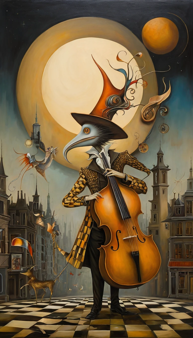 Oil painting of Leonora Carrington, Michael Parkes, Esao Andrews and Dave McKean, A whimsical figure on a checkered sidewalk, Wearing a bright patchwork coat and an oversized top hat, Play a brass instrument. The moon, an element of a celestial body, flows fantastically from the horn.。, star, 音の芸術的表現の中で渦巻く惑star. The background features a mosaic of urban skyscrapers., 惑starやstarの模様で満たされた夜空に溶け込む, Create surreal and imaginative cityscapes. This imaginative scene, Rich in detailed textures and vibrant colors, Inspire wonder and creativity. The lighting is soft and even, Give the scene a dreamy feel. Stylish art background with stylized leaves, birds and other abstract natural elements in soft earth tones. The background creates a sense of depth and mystery, With smooth color transitions. The painting conveys a calm and interesting atmosphere., The lighting is evenly distributed、Cannot cast strong shadows, Create a sense of harmony and peace. Surreal details such as strange shapes and symbols. Mythological elements and magical creatures, Creates a fairy-tale atmosphere. bright, Highly saturated colors and textures that give an impression of depth. The combination of different technologies and styles enhances modernity.. The composition is balanced, The emphasis is on the foreground, where the person is the center.、The texture of the background enhances the image.。.