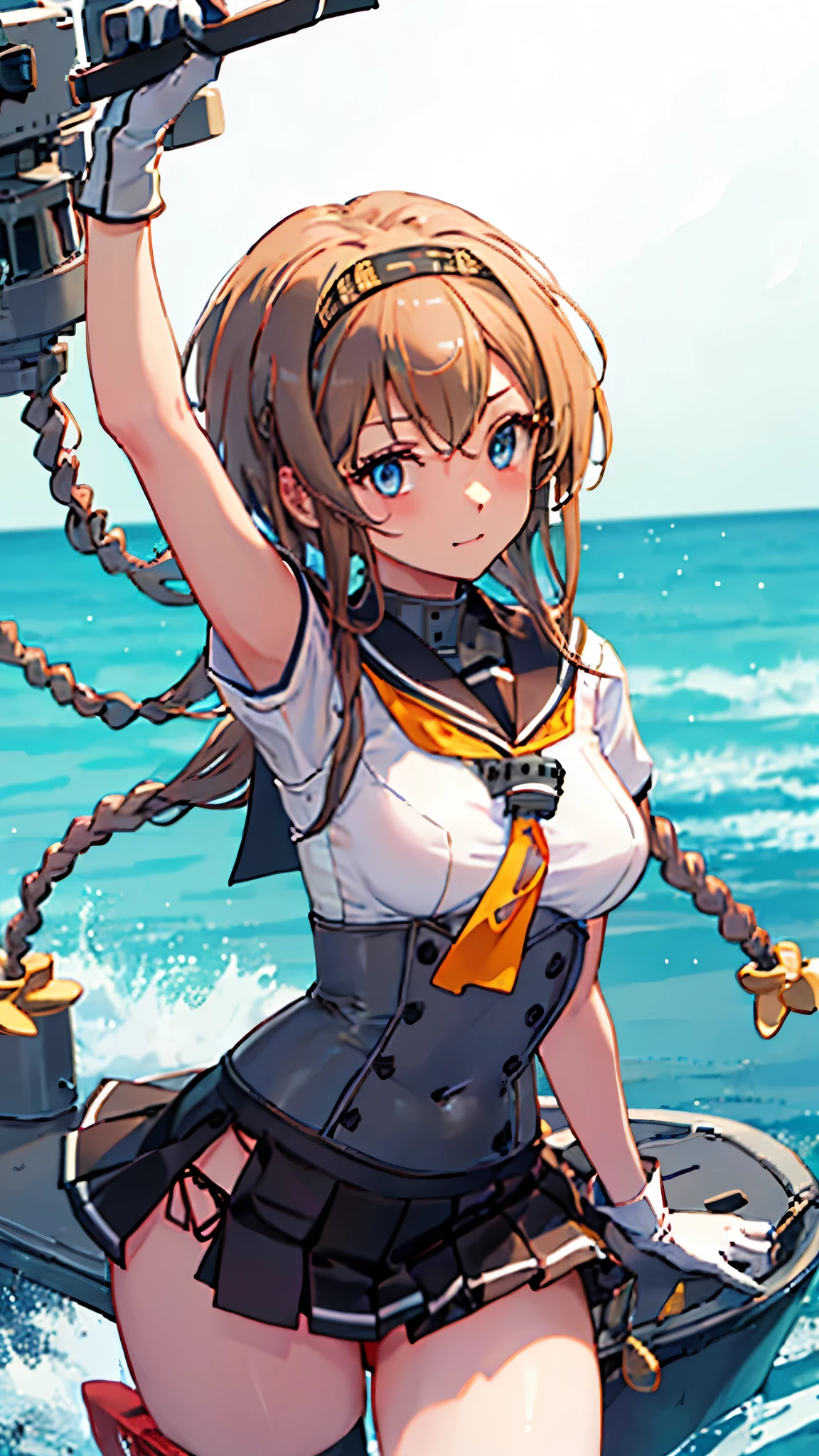 (masterpiece), (Best Quality), (Super detailed) (Very delicate and beautiful)　Kantai Collection_Tezuki　Teruzuki_kantaicollection　1 person　Twin braids、Light brown hair、Propeller hair accessory、blue eyes、(chest)、Cheek、Headband、Gray、Black headband、黒Sailor collar、 Black Skirt、Sailor collar、Yellow neckerchief、corset、Pleated skirt、White gloves　maritime　Skirt fluttering　Visible underwear　Red shorts　View here　Embarrassed look