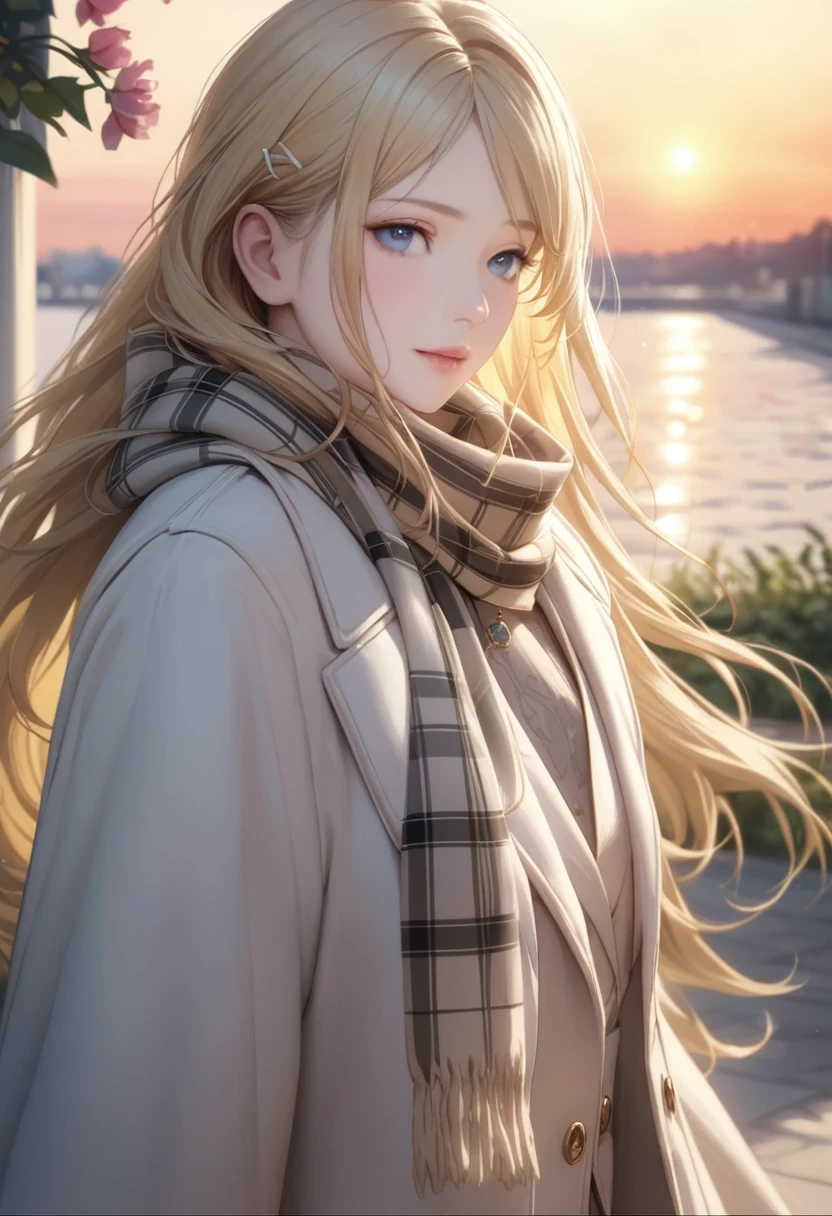 (masterpiece),(Best Quality:1.2),One Girl,(Masseter muscle area:1.3),Exquisite detail, Best Qualityの8K解像度, Very detailed, Realistic, Vibrant colors, Soft Tone, Warm and gentle lighting,(Beautiful checked scarf:1.3)(Brown long coat:1.2) evening,Big Sunset,(Smooth and straight blonde hair:1.2),(Hair parted in the middle:1.3),(Shiny Hair),(Dark blue eyes:1.3),White skin, Hair Clip,watch,Overflowing with soft and gentle feelings,(The promenade is full of flowers),Sunshine,Warm golden glow,Happiness and laughter,超高精細な描写とVibrant colorsにこだわる. A style that combines romanticism and realism、Depth of Love,Color Palette,The lighting is soft and diffused, Put a gentle light on your face,この作品はmasterpieceだ