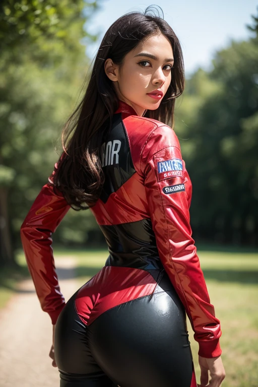 Racing suit , wilderness, (Inspired by the Avengers), horsetail, One-piece tight-fitting latex and gel pants, machine girl, security classification, Big Ass, (8k, foto raw, photorealistic: 1, 25), (a lot of lip gloss, [many eyelashes, best quality, ultra high resolution, depth of field, Chromatic Aberration, broad light, Cor Natural, distant image 