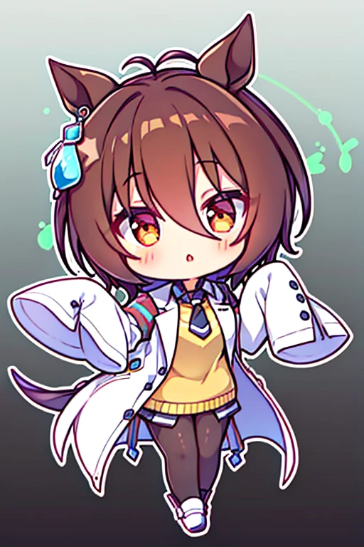 agnes tachyon \(umamusume\),single earring, long sleeves, sleeves past wrists, sleeves past fingers, collared shirt, black shirt, yellow sweater, sweater vest, black necktie, short necktie, open coat, white coat, labcoat, test tube, vial, zipper, black pantyhose, white footwear, high heel boots
,{{{masterpiece}}}, {{{best quality}}}, {{ultra-detailed}}, {illustration}, {{an extremely delicate and beautiful}}　馬に乗る