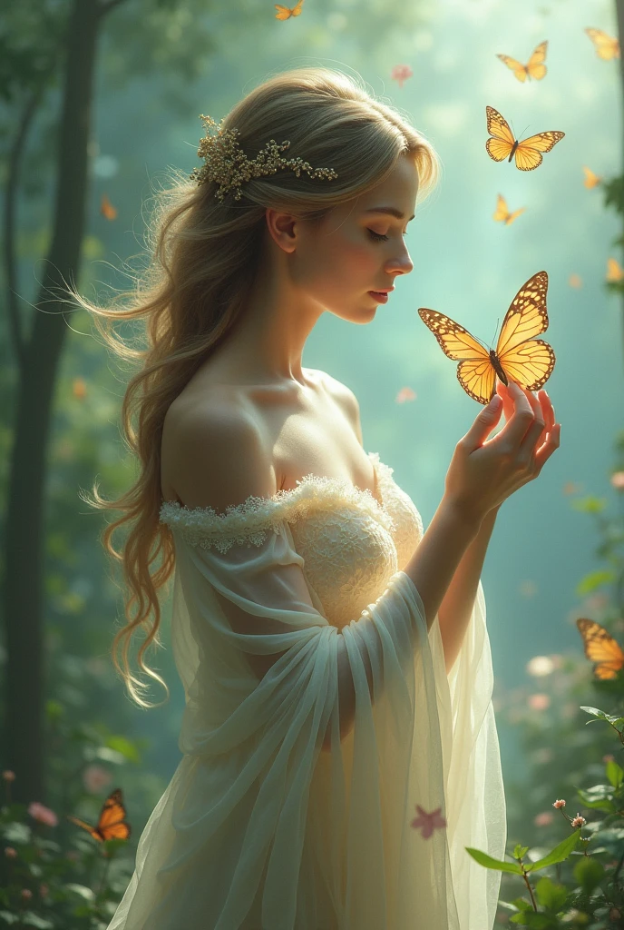 (photorealism:1.2), ((Sexy beautiful girl, cute, Russian beauty, 2, a thin fit body blonde)), ((Highest quality)), blowing a kiss to a little fairy floating in a tree,