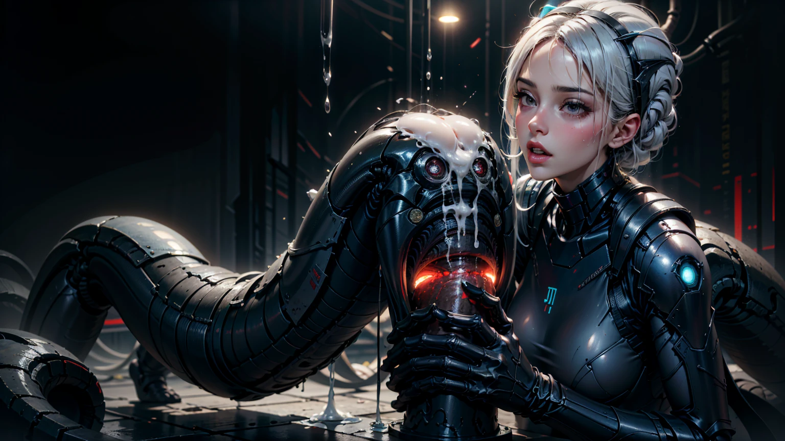 sensual Italian spacegirl girl getting blasted in her face with alien sperm, big penis of Alien film Xenomorph, girl is horny, on her knees, large xenomorph appendage in her hand, covered in white fluid from xenomorph, retro Italian sci-fi aesthetic, mario bava, classic Italian porn vibe, HD, 8x