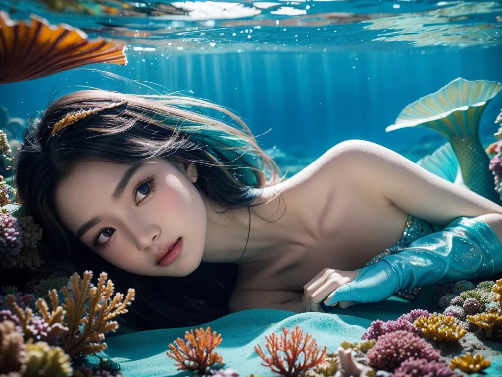 A naked ager spreading her legs,  very excited, ouvrant la bouche, tirant la langue, Cheveux courts, at the bottom of a coral reef, A photorealistic painting, inspired by Yanjun Cheng, Gagnant du concours Artstation, petit loliueux, Elle danse. Realstic, of youthful Japanese beauty, Realistic cartoon, loses hair very quickly underwater becoming bald, air bubbles escaping from his mouth, (((bald girl))),