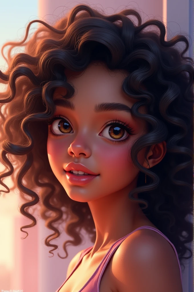 A brown teenage girl with dark curly hair and dark eyes