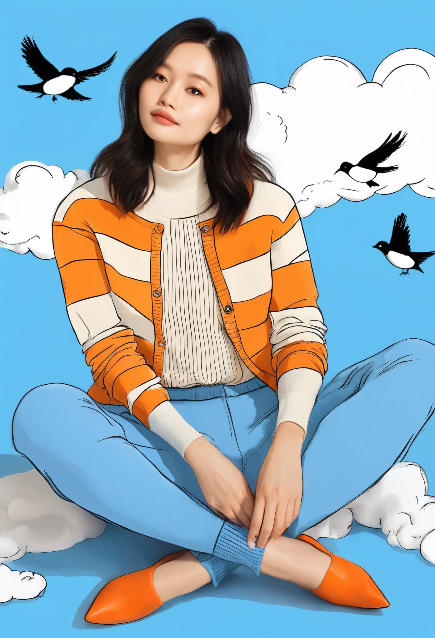 Chinese woman sitting cross-legged, dressed in doodlefashion striped orange cardigan with a cream sweater and black leggings, set on a doodle bird-filled sky blue background high quality photo