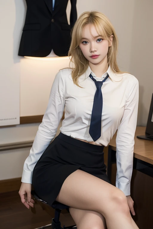 Highest quality, độ phân giải cao 16k, super detailed, masterpiece, Capture directly, thực tế:1.4, surreal:1.4, sharp focus, very delicate and beautiful, small detail, 1 female, (Asia:1.2), (blonde), (spread) your leg:1.3), (no underwear:1.3), (nsfw:1.1), (sitting on the table), (super nice), (nice face:1.5), (Hair tied in 2 ponytails, wear socks), (detailed face), (beautiful and beautiful eyes), Perfect round eyes, (Lip details), lipstick, (eyeliner), mascara, phấn mắt, (blue pencil skirt police uniform,), White shirt, blue vest, tie, At NSFW, ngực to, pink nipples, The girl inserted her hand into her vagina, girl touching her chest, gun, Criminal