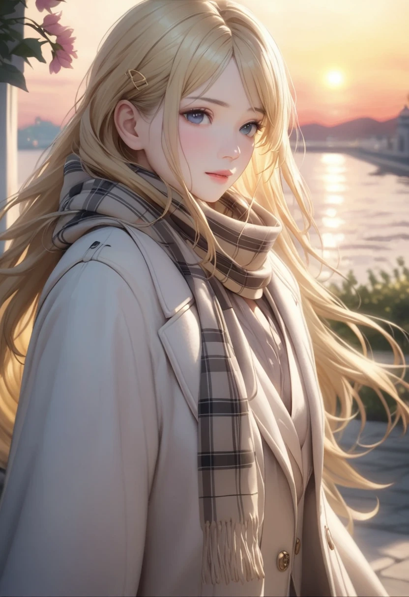 (masterpiece),(Best Quality:1.2),One Girl,(Masseter muscle area:1.3),Exquisite detail, Best Qualityの8K解像度, Very detailed, Realistic, Vibrant colors, Soft Tone, Warm and gentle lighting, evening,Big Sunset,(Smooth and straight blonde hair:1.2),(Hair parted in the middle:1.3),(Shiny Hair),(Dark blue eyes:1.3),White skin, Hair Clip,watch,Overflowing with soft and gentle feelings,(The promenade is full of flowers),Sunshine,Warm golden glow,Happiness and laughter,超高精細な描写とVibrant colorsにこだわる. ,The lighting is soft and diffused, Put a gentle light on your face,この作品はmasterpieceだ