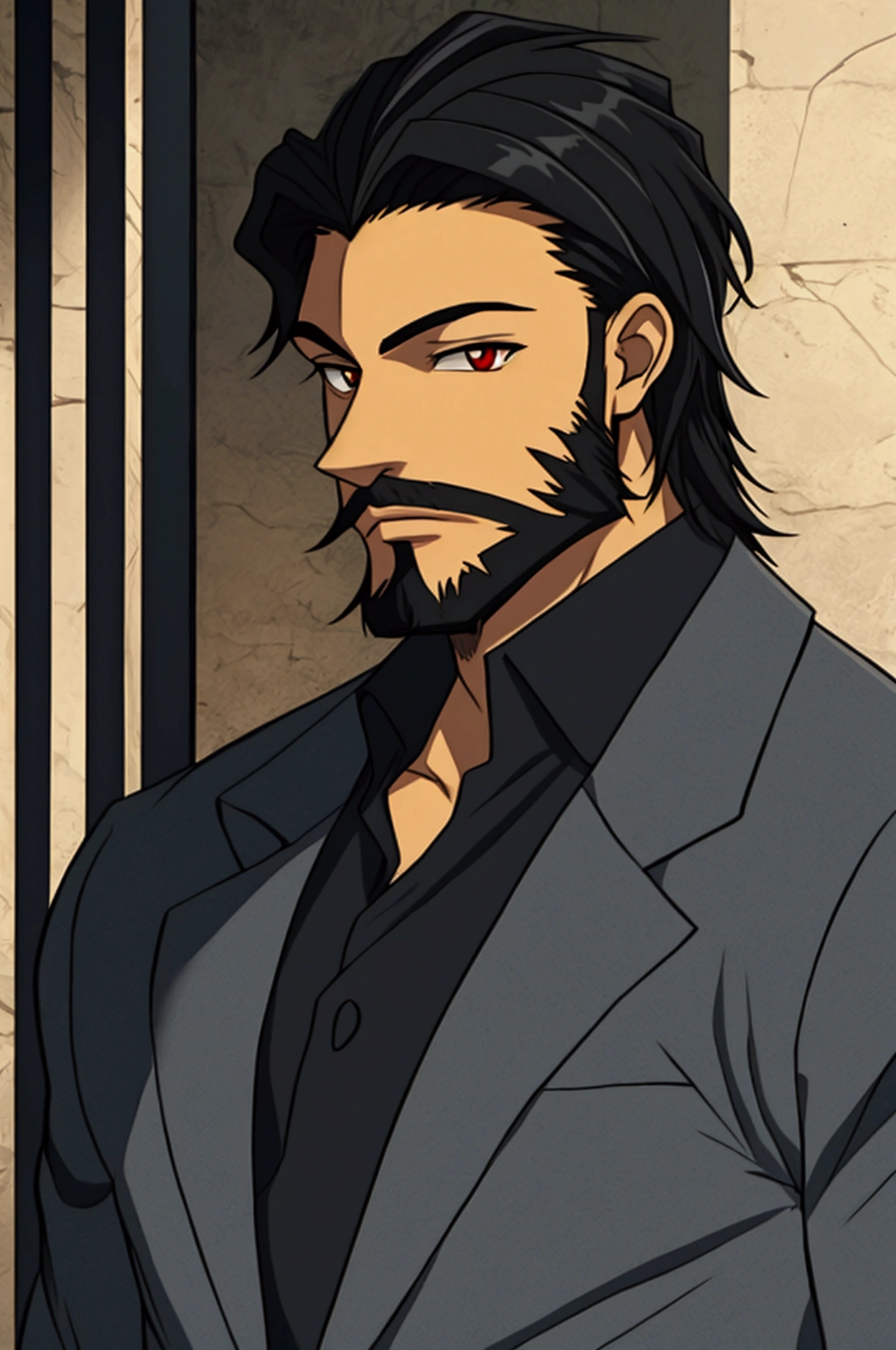 1male, solo, black hair, red eye, gray suit, black beard, father, 