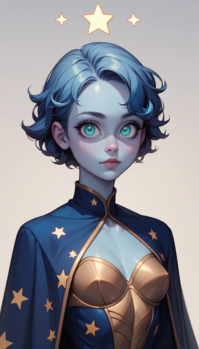 waist-length portrait, Best quality, masterpiece, contrasting light, best light and shadows, rich colors of the image, 2D illustration, empty background, front view, midnight blue cloak with star patterns, female character, young character, slender physique, silver-blue skin, glowing teal eyes, long wavy midnight hair, peaceful expression, heart-shaped face, wide eyes, small ears.