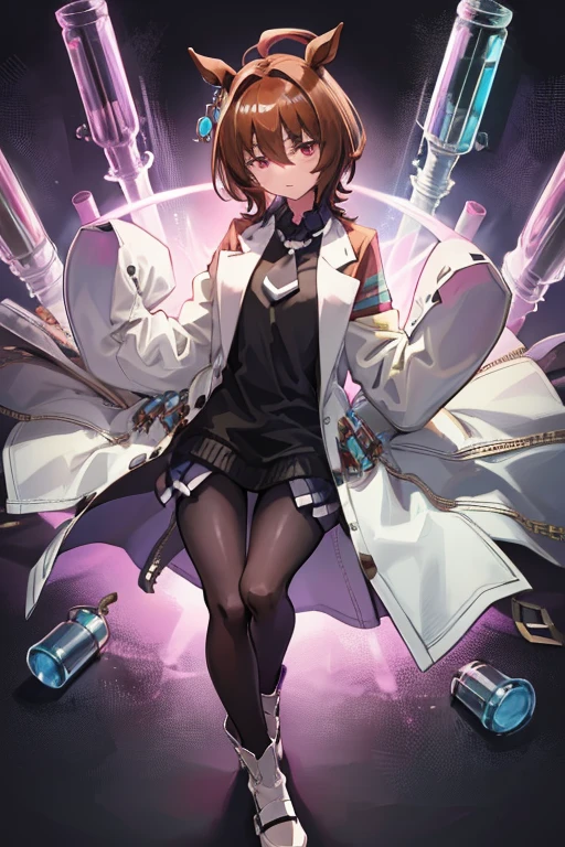 agnes tachyon \(umamusume\),single earring, long sleeves, sleeves past wrists, sleeves past fingers, collared shirt, black shirt, yellow sweater, sweater vest, black necktie, short necktie, open coat, white coat, labcoat, test tube, vial, zipper, black pantyhose, white footwear, high heel boots
,{{{masterpiece}}}, {{{best quality}}}, {{ultra-detailed}}, {illustration}, {{an extremely delicate and beautiful}}