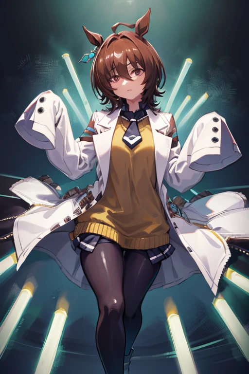 agnes tachyon \(umamusume\),single earring, long sleeves, sleeves past wrists, sleeves past fingers, collared shirt, black shirt, yellow sweater, sweater vest, black necktie, short necktie, open coat, white coat, labcoat, test tube, vial, zipper, black pantyhose, white footwear, high heel boots
,{{{masterpiece}}}, {{{best quality}}}, {{ultra-detailed}}, {illustration}, {{an extremely delicate and beautiful}}