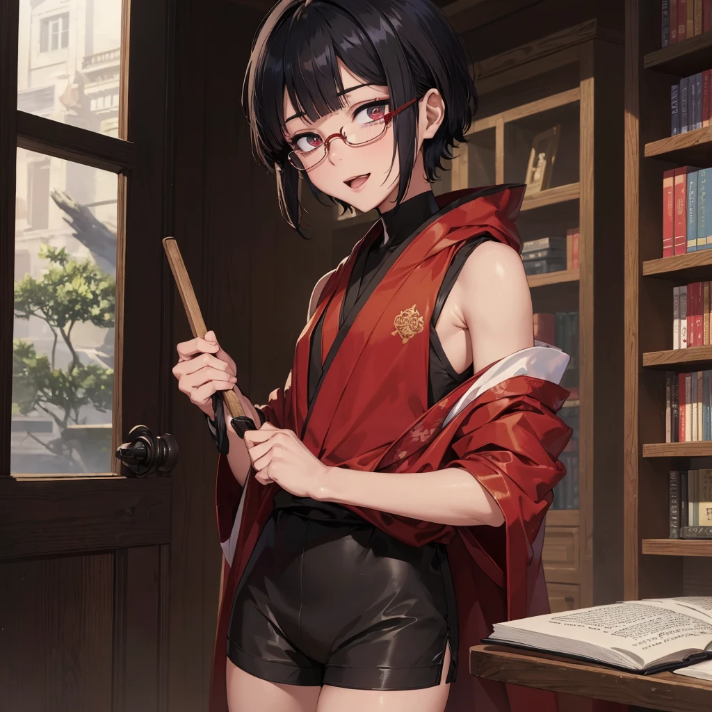 (masterpiece:1.2), highest quality, High resolution, unity 8k wallpaper, (fine and beautiful eyes), highly detailed face, Detailed CG,(boy wizard),(yukata),(blunt_bangs),,(evil smile),(black sleeveless turtleneck shirt in yukata), ,red bike shorts,(dark skin:1.3),neck tie,(very short hooded Cape),black hair,(red_eyes),glasses,very short hair,open mouth,library,(fantasy:1.5),have book,(sanpaku eyes:1.5)