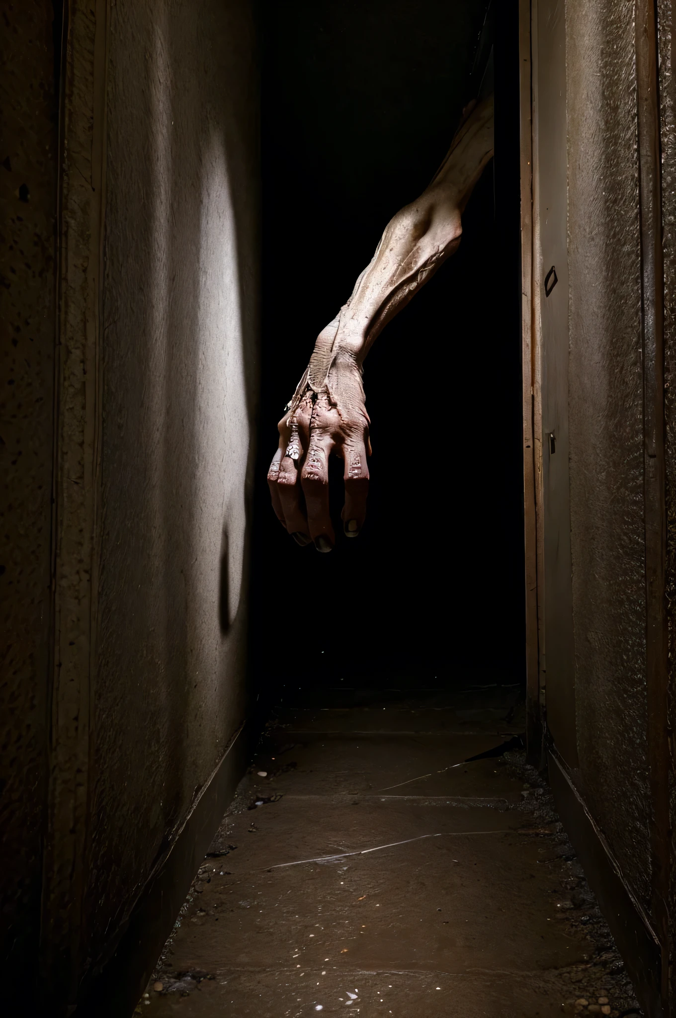 a closeup of a person coming out of a wooden door, horror surreal art, Zombie arms in front, too many hands in all directions, albi albi, creative photo manipulation, too many hands, Creepy photography, Lt. Aleksander Kobzdej, Alexey Egorov, horror photography, by Joze Ciuha, Creepy Spiritual Creepy Image