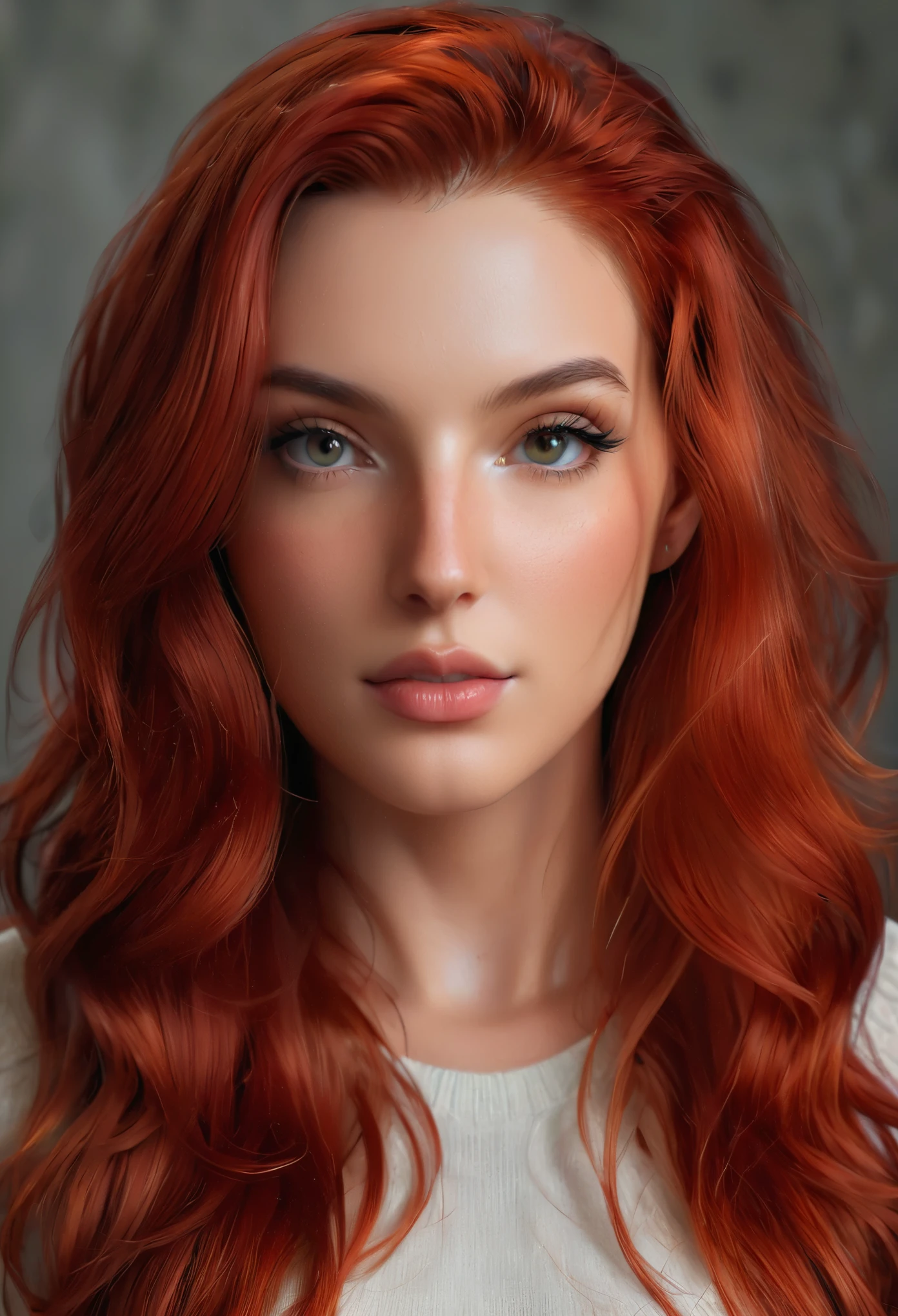 Sexy red hair, missbriso portrait of her facing the camera with soft even lighting, , looking right at the camera high quality, masterpiece, UHD (facing the camera) (front view)  flat, even lighting  realistic human face, real human face with skin, realistically rendered face, human face realistic, single realistic face, human realistic face, realistic person, extremely realistic face, realistic detailed face, ultra realistic face, face very realistic, realistic restored face, detailed realistic face, highly detailed realistic face
