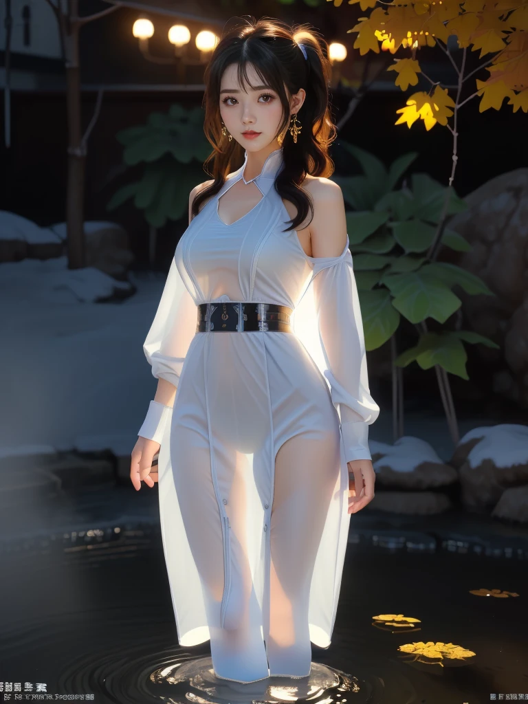 一个有着美丽脸庞的Sexy中国华裔女孩, Wearing avant-garde transparent sci-fi clothes, (((Light theme, Exposing the subject, Sexy主题)))
((Transparent clothes: 1.5), (Revealing clothes: 1.5),  (Wet clothes:1.0), (Color of clothes: Bright pink), ((Wearing transparent clothing)), ((Irregular transparent clothing)))
(((dusk, Waterfall Hot Spring, Surrounded by fog, Ginkgo tree in autumn, Fallen Leaves, Standing in the water, rainwater))),
((8K Ultra HD, 8K, Ultra-high resolution, Best quality, Super Fine, Clear focus. Masterpieces, complete pattern, Ultra HD, Detailed photos, Best image quality，Ultra-clear，Delicate facial features，Well-defined, Highly rated works, Close-up depth of field photography, Above the knee, Symmetrical character)), 
((Creating the image of a real girl), Realistic shadows, Soft lighting, Dynamic Angle, Dynamic poses, Elegant Posture, Cowboy lens, Full body front view, Be confident, Facing the camera, Eyes looking towards camera lens, Standing posture, Open your legs slightly, Golden Ratio Graphics, Minimalism, Center the character), 
( Smile, Sexy的, Balanced Eyes, Realistic eyes, Beautiful details of the eyes,Pretty Face, (Realistic face), Normal facial features, Realistic skin, Pay attention to skin details, Skin is clean and radiant, Whitening, Anatomically correct body, Golden ratio figure, Sexy的身材), 
(Perfect makeup, Gloves, earrings, bracelet, necklace, Jewelry, Hair accessories, shawl, sock, Knee socks, 吊garter, Leg ring, garter, 腿部garter), 
((beautiful hair), Dark black hair, Wavy curly hairstyle, Waist-length hair, Messy Hairstyle, Gradient hairstyles, Cyberpunk Hairstyle, High double ponytail hairstyle), 
(Sexy的, Perfect breast shape, Teardrop chest shape, Snow-white breasts, Very detailed breasts, 34C cup), 
(Super high waist, Deep V, Low-cut, Sexy, Flattering, Open crotch, (Clear camel toe, (High fork strangulation))),
(((Clear outline, Clear underwear, 透明Sexy的穿着)))