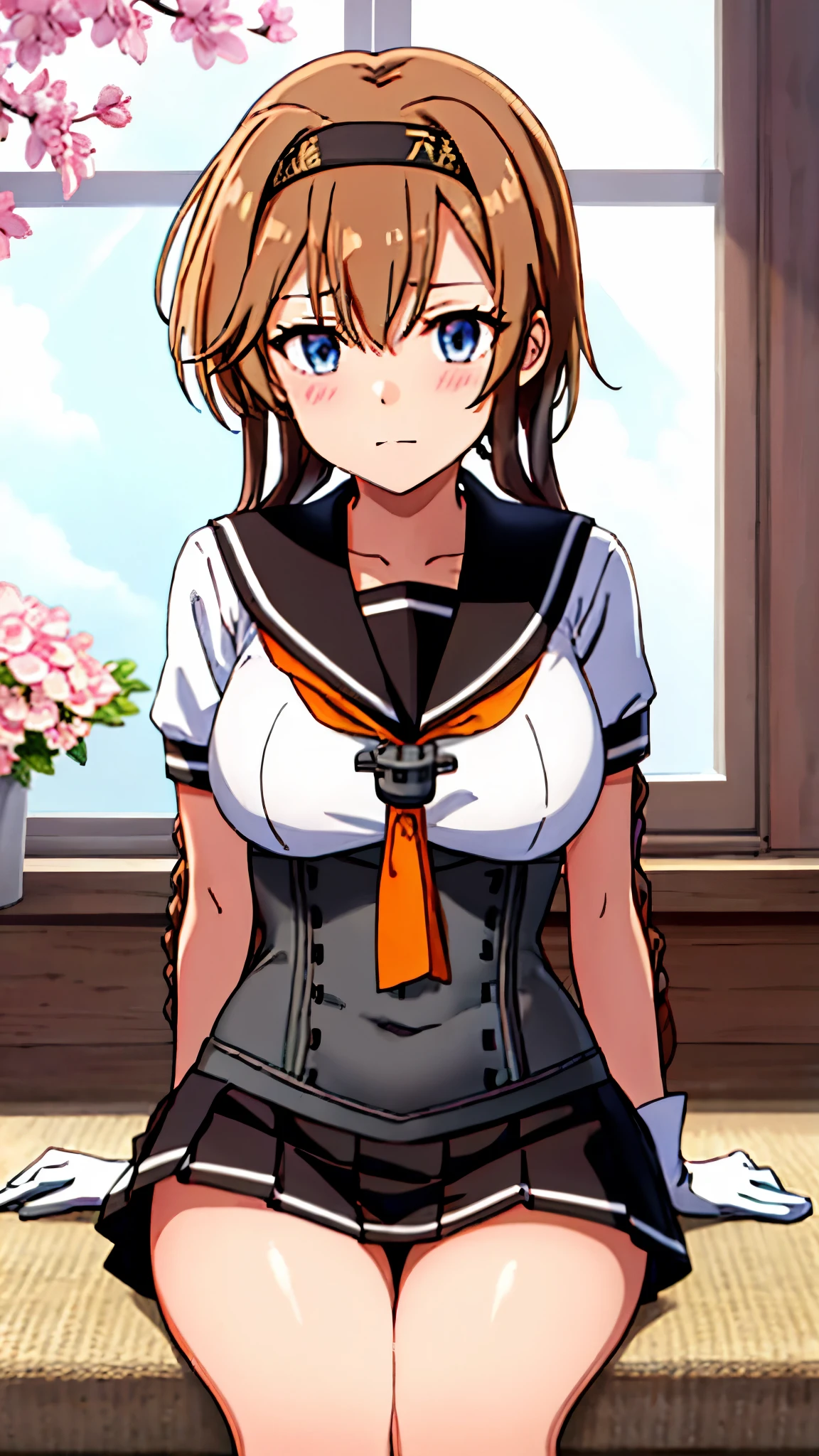 (masterpiece), (Best Quality), (Super detailed) (Very delicate and beautiful)　Kantai Collection_Tezuki　Teruzuki_kantaicollection　1 person　Twin braids、Light brown hair、Propeller hair accessory、blue eyes、(Very large breasts)、Cheek、Headband、Gray、Black headband、黒Sailor collar、 Black Skirt、Sailor collar、Yellow neckerchief、corset、Pleated skirt、White gloves　Cherry blossom trees　Skirt fluttering　Visible underwear　View here　Embarrassed look