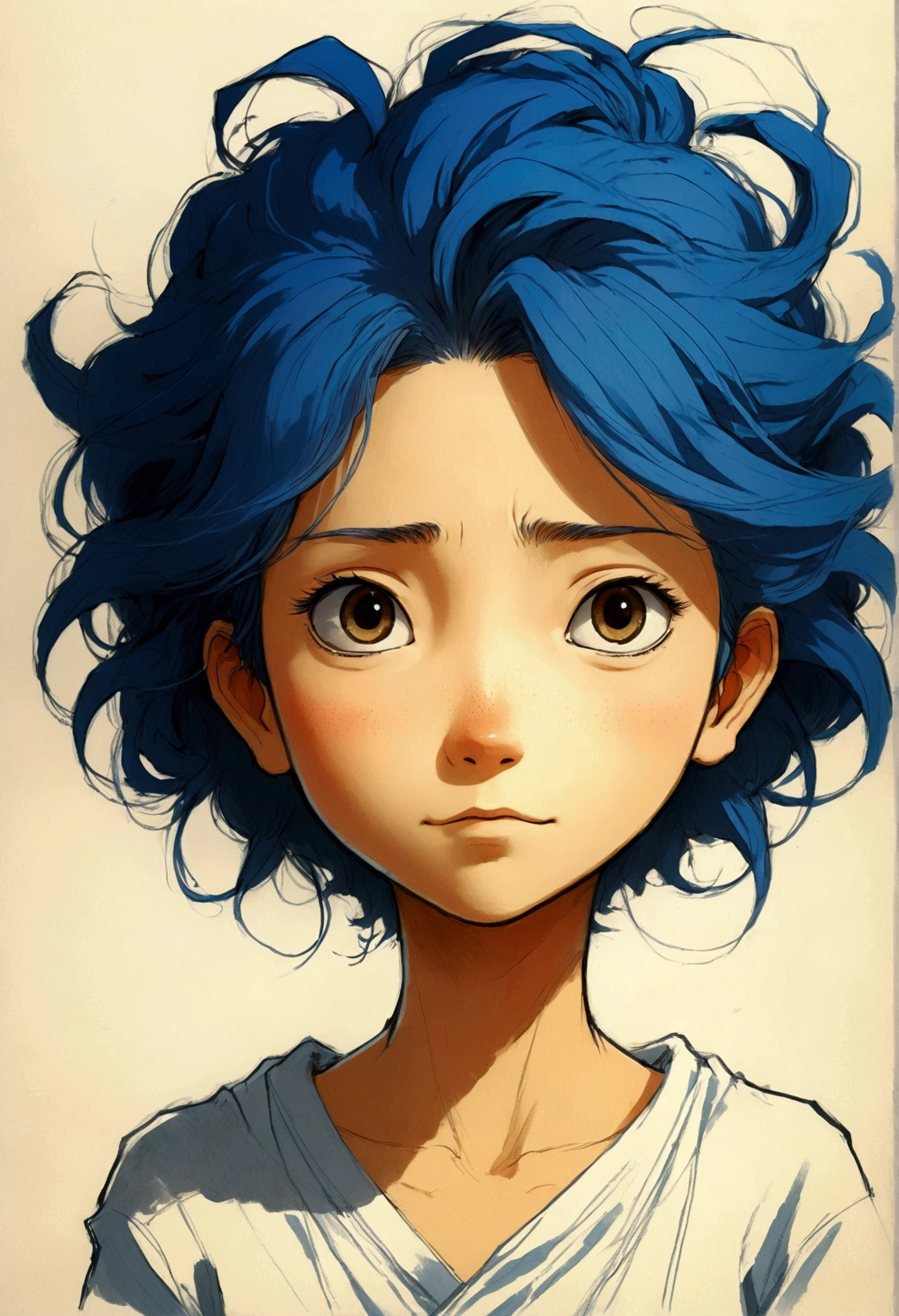 Create a character illustration where the lines are smooth, the expressions are rich, and the figure looks lifelike and full of spirit. For example, in the style of Miyazaki’s characters, where the details are vivid and expressive, or like a fine brush painting where every detail is meticulously captured, down to the individual strands of hair.