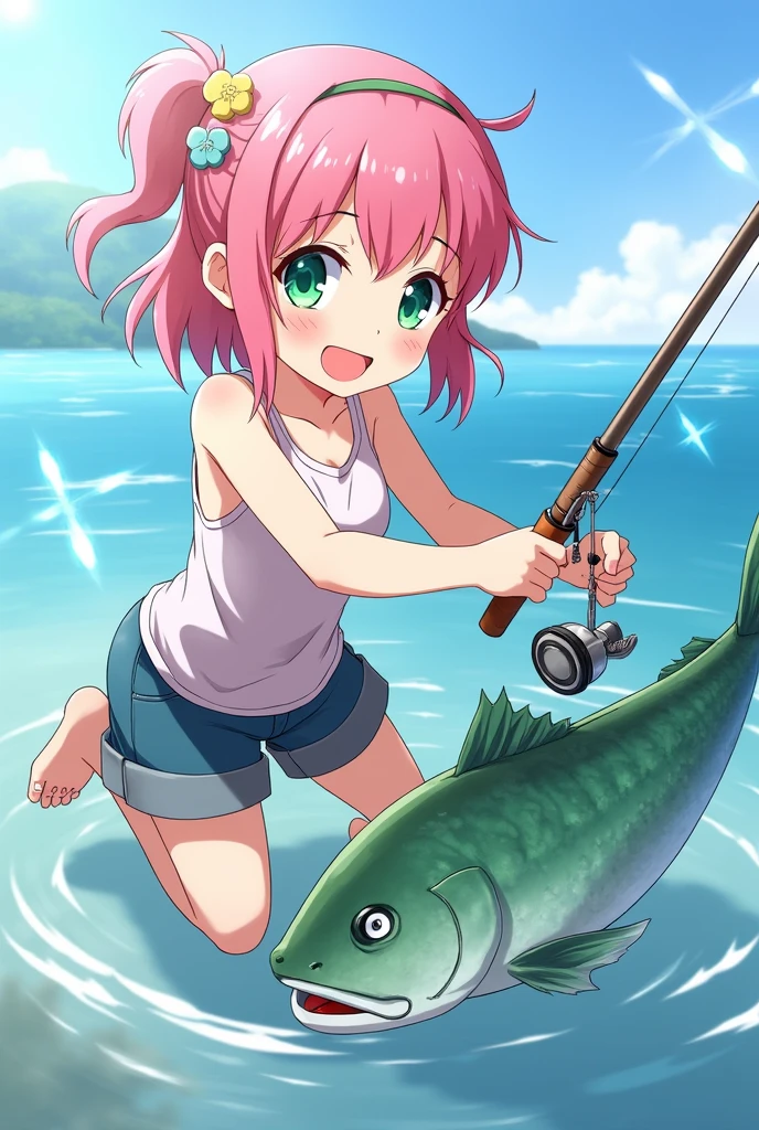 {{illustration}},{{{masterpiece}}},{{best quality}},{High resolution}, hignity 8k wallpaper,detailed background,{highres},{{{1girl}}},{{{solo}}},pink eyes, pink hair,bikini,laughing,sea,in water,swimming,detail fingers,fish,underboob,