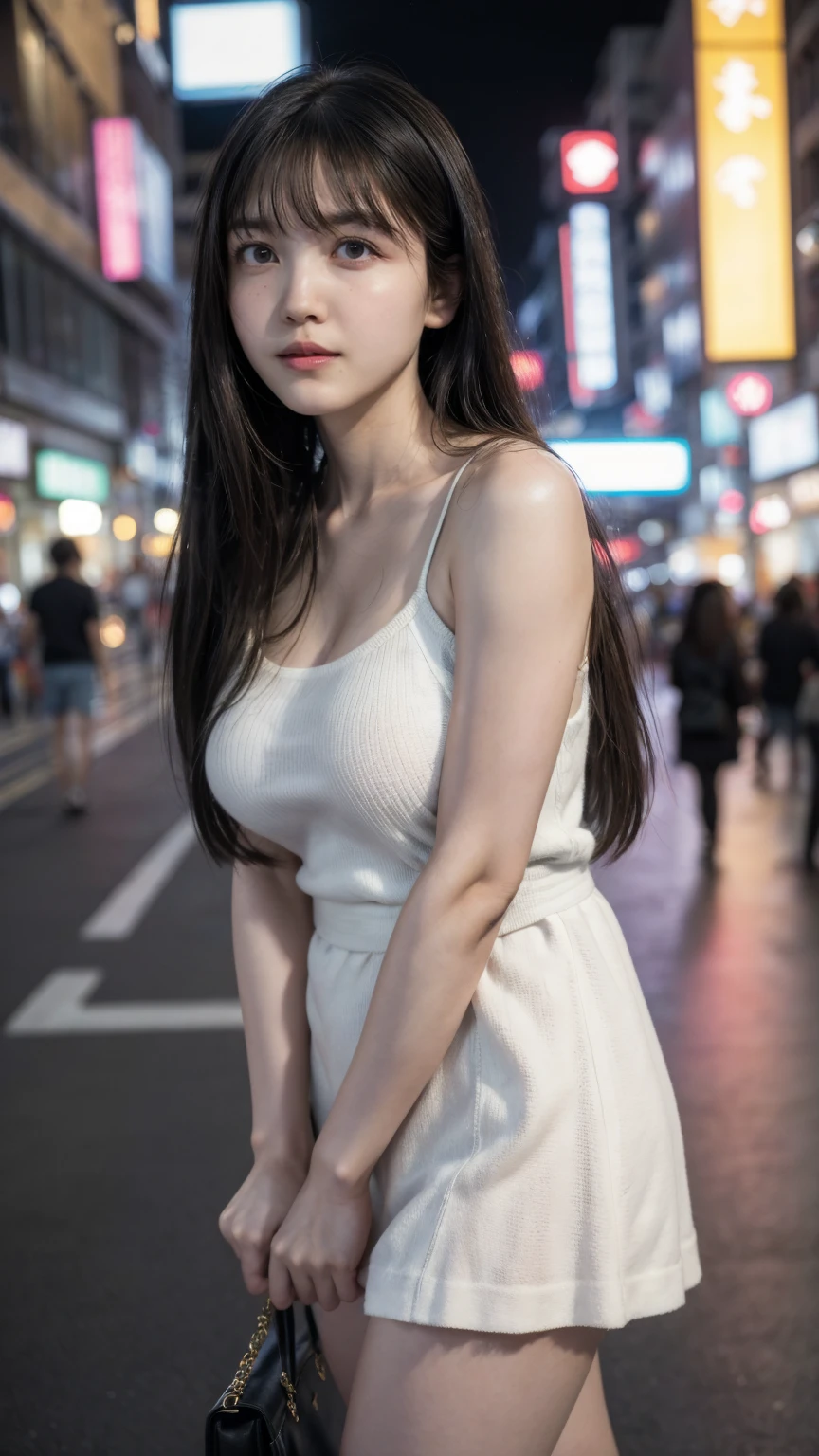 Single girl, summer, city, Osaka street, evening, city lights, medium body shot, close-up, 8k, RAW photo, highest quality, masterpiece, real, photorealistic, large breast:1.2, open shoulder, long hair, knit strap tanktop,((Looking at viewer)), High Resolution,Award Winning, Realism