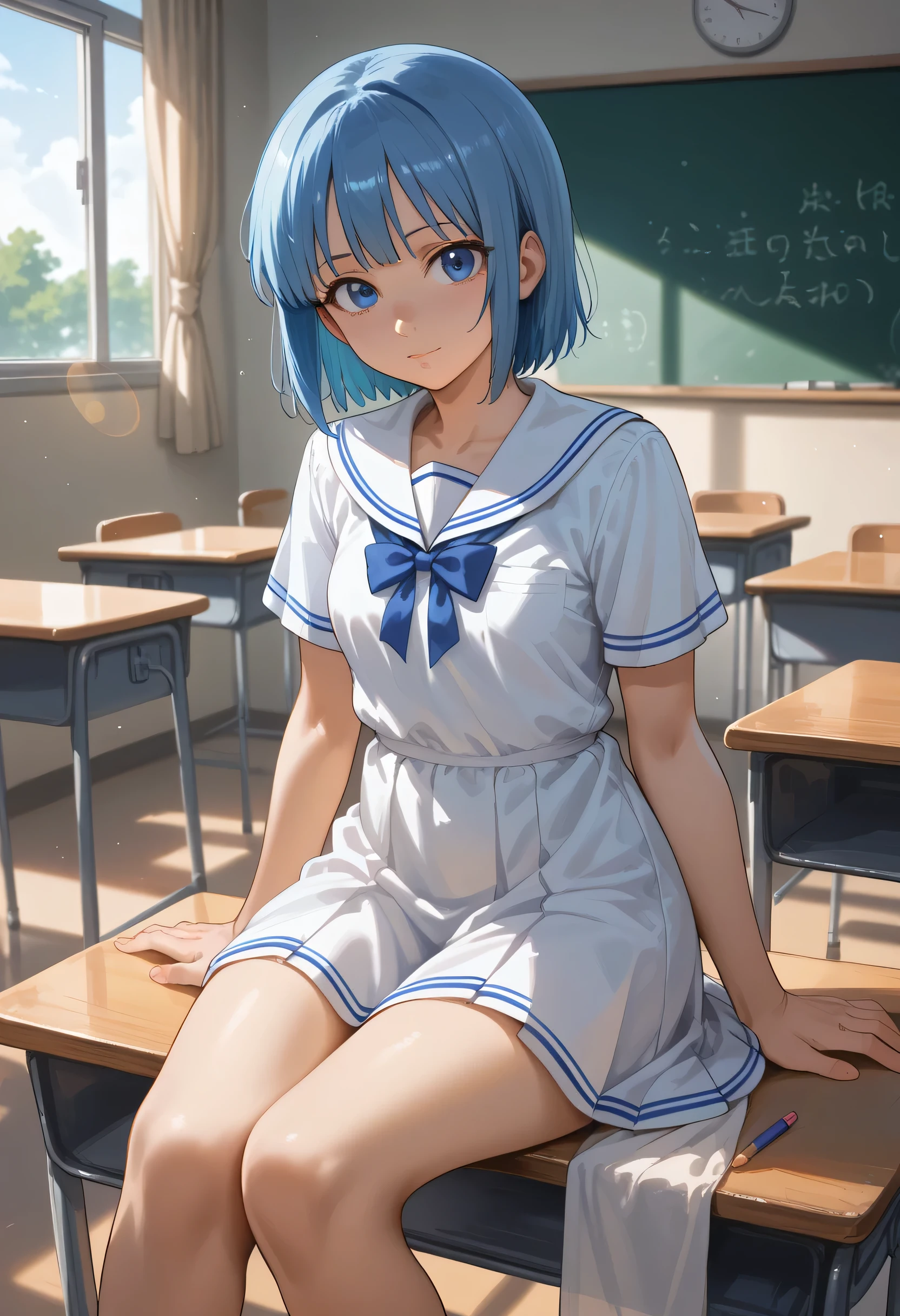 masterpiece, best quality, ultra-detailed, illustration, colorful, flat color, depth of field, lens flare, 1girl, hoshimachi suisei, anime, sitting, blue hair, looking at viewer, school, classroom, school girl, dress, detailed skin texture, detailed cloth texture, beautiful detailed face, small breasts