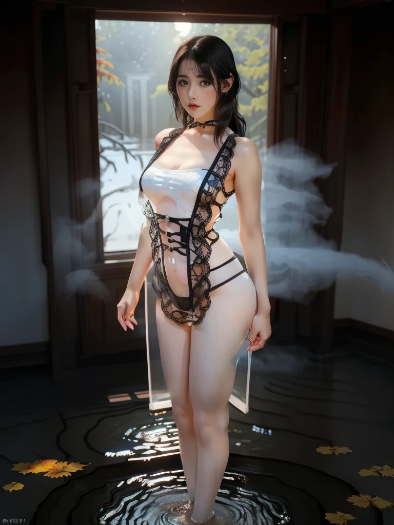 一个有着美丽脸庞的Sexy中国华裔女孩, Wearing avant-garde transparent sci-fi clothes, (((Light theme, Exposing the subject, Sexy主题)))
((Transparent clothes: 1.5), (Revealing clothes: 1.5),  (Wet clothes:1.0), (Color of clothes: Bright pink), ((Wearing transparent clothing)), ((Irregular transparent clothing)))
(((dusk, Waterfall Hot Spring, Surrounded by fog, Ginkgo tree in autumn, Fallen Leaves, Standing in the water, rainwater))),
((8K Ultra HD, 8K, Ultra-high resolution, Best quality, Super Fine, Clear focus. Masterpieces, complete pattern, Ultra HD, Detailed photos, Best image quality，Ultra-clear，Delicate facial features，Well-defined, Highly rated works, Close-up depth of field photography, Above the knee, Symmetrical character)), 
((Creating the image of a real girl), Realistic shadows, Soft lighting, Dynamic Angle, Dynamic poses, Elegant Posture, Cowboy lens, Full body front view, Be confident, Facing the camera, Eyes looking towards camera lens, Standing posture, Open your legs slightly, Golden Ratio Graphics, Minimalism, Center the character), 
( Smile, Sexy的, Balanced Eyes, Realistic eyes, Beautiful details of the eyes,Pretty Face, (Realistic face), Normal facial features, Realistic skin, Pay attention to skin details, Skin is clean and radiant, Whitening, Anatomically correct body, Golden ratio figure, Sexy的身材), 
(Perfect makeup, Gloves, earrings, bracelet, necklace, Jewelry, Hair accessories, shawl, sock, Knee socks, 吊garter, Leg ring, garter, 腿部garter), 
((beautiful hair), Dark black hair, Wavy curly hairstyle, Waist-length hair, Messy Hairstyle, Gradient hairstyles, Cyberpunk Hairstyle, High double ponytail hairstyle), 
(Sexy的, Perfect breast shape, Teardrop chest shape, Snow-white breasts, Very detailed breasts, 34C cup), 
(Super high waist, Deep V, Low-cut, Sexy, Flattering, Open crotch, (Clear camel toe, (High fork strangulation))),
(((Clear outline, Clear underwear, 透明Sexy的穿着)))