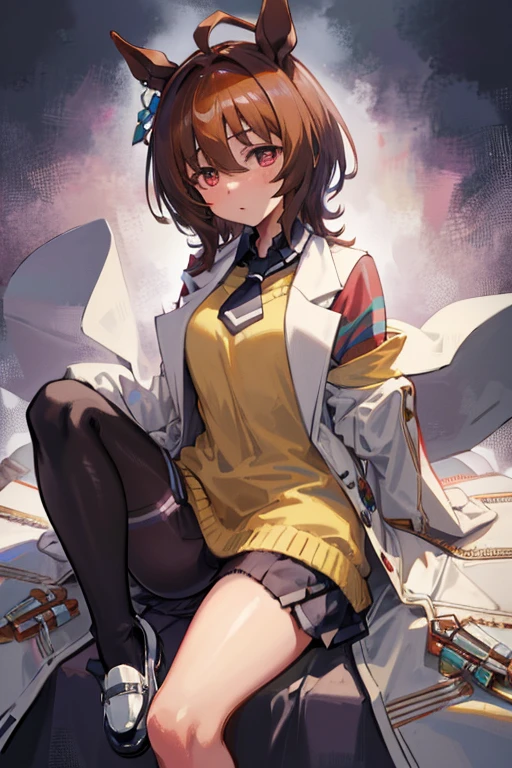 agnes tachyon \(Uma Musume\),single earring, long sleeves, sleeves past wrists, sleeves past fingers, collared shirt, black shirt, yellow sweater, sweater vest, black necktie, short necktie, open coat, white coat, labcoat, test tube, vial, zipper, black pantyhose, white footwear, high heel boots
,{{{masterpiece}}}, {{{best quality}}}, {{ultra-detailed}}, {illustration}, {{an extremely delicate and beautiful}}　Riding a white horse　Ride a White Horse　Cherry blossom viewing