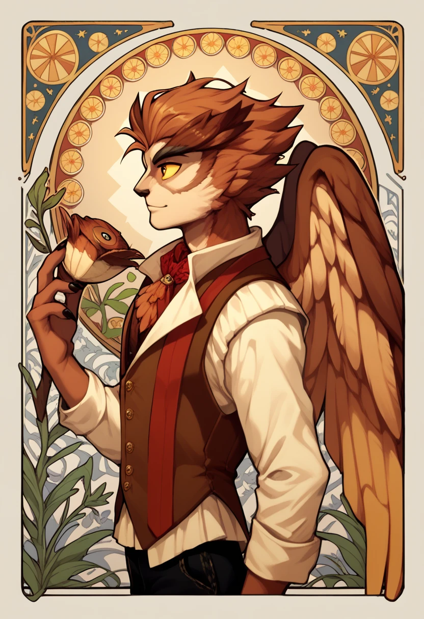 masterpiece, art nouveau, 1boy, herneval, solo, owl, feathered, wings, vest, yellow sclera, upper body, side view