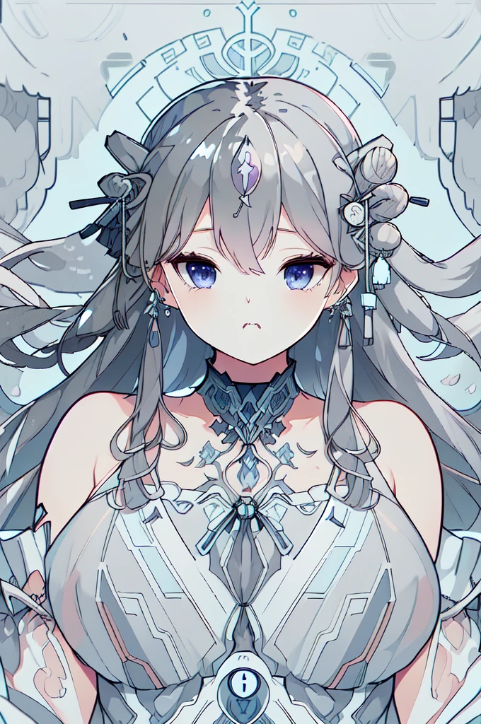 One girl, High resolution, Anatomically correct, masterpiece, High detail, quality, 高quality, Grey Hair, Disheveled Hair, bangs, Long Hair, Large Breasts, Close your mouth, Droopy eyes, Simple Background, face, Angel Halo, Background blur, Illustration, Open Eyes,Large Breasts, Earrings, Eyes are symbols, 