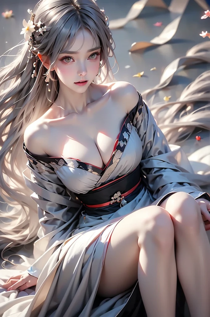 ((Above the knee images:1.3))super high quality, masterpiece, Perfect illustration, Very detailed (Exquisite light and shadow, Very dramatic photo,Backlight) , ((Gray Hair:1.5))1 girl,(( Alone:1.6)), (Wearing Hanfu, Black Hanfu,Monotony,Long sleeve、Gorgeous costumes、Highly decorated Hanfu) flower畑, flower, (white smoke:1.3) (Realistic:1.4), Zen Intertwining, [    "Intertwined, Official Art, unity 8k wallpaper, Very detailed, Beautiful and beautiful, masterpiece, Best Quality, (Dynamic Angle: 1.4), Glowing Skin, (Floating colorful flashes: 1) The most beautiful chaotic shapes, elegant, Brutalist Design, Bright colors, Romantic Depth of Field Exotic_dance, half_naked、Expose your shoulders、Ample breasts、Great Cleavage、Dynamic pose、Backlight,((From the back))
