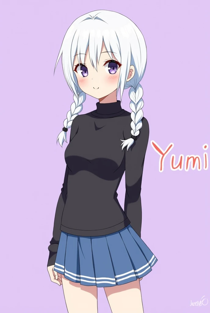 Cartoon style female character,with white hair with two braids parting to each side ,a black turtleneck blouse,a short blue skirt with white stripes,written yumi on the lilac background