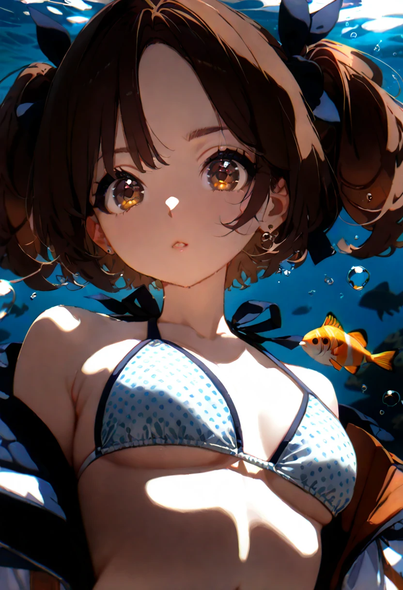 No Man， landscape， vanishing point， from below， master piece， best quality， 8K， absurd， water surface， summer， daytime， Light of the sun， blue sky， See-through， Depth of the bounds written， High resolution， small details， super detailed， sharp focus，Your chest is big，burst the top，Skirt fluttering