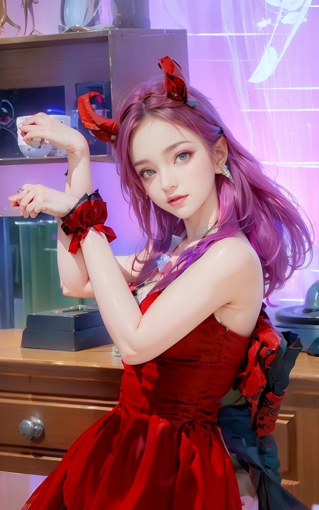 solo, One person, High resolution, chest, masterpiece, Highest quality, Sparkle Effect, Pink eyes, smile, Gaze, Winner of numerous awards, High detail, Pink Hair, Tying up hair, Hoop Earrings, Character portrait, Sparkle Effect, Cinematography,