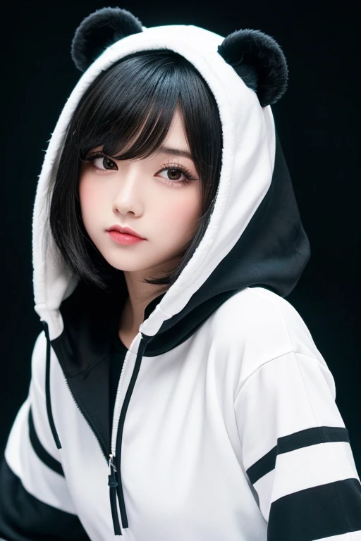 High resolution、1 female、girl、Black Hair、short hair、Slanted Eyes、blue eyes、thin、hoodie、fur、Tank top、Shorts、belly button、Tattoo stickers、Night view