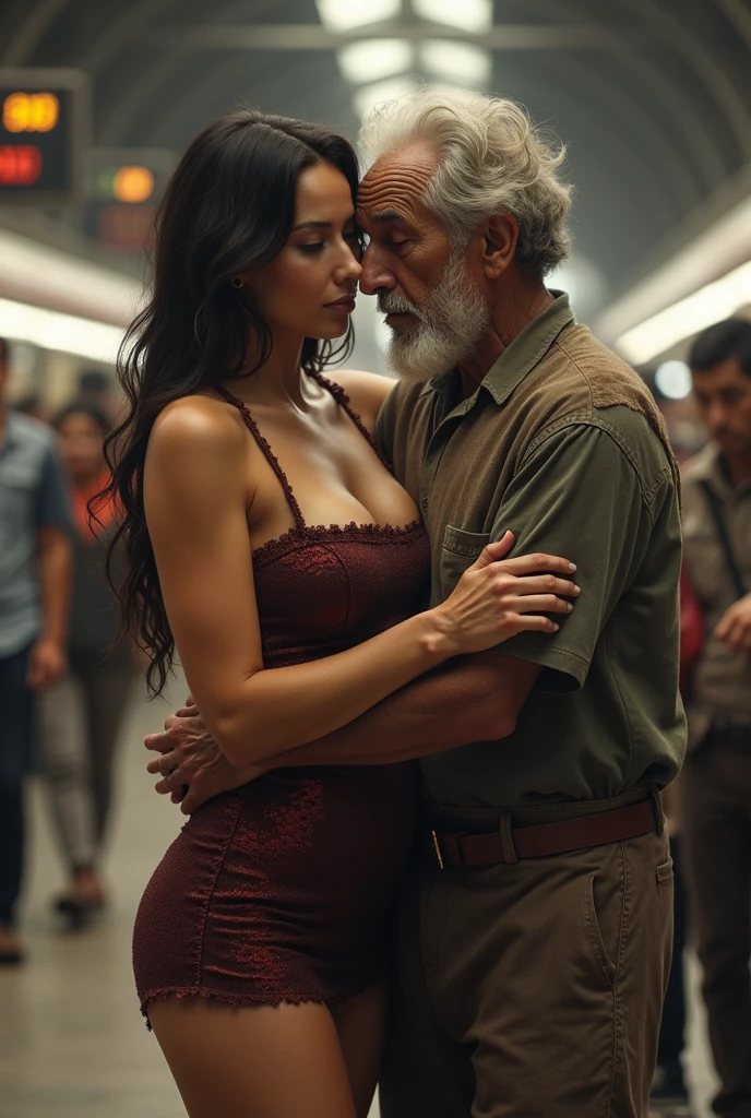(old hairy dirty old man with torn clothes 90 years bearded),(Holding her from behind and talking in her ear),other men catching her with prancing ass,picking up in lap,mini white skirt swinging up, 40k, photography, masterpiece, best quality, dark gray background, (1girl blue eyes and blonde hair soon curly), big ass full breasts until waiting using,  (mini sexy swinging skirt round: 1.3), (white plunging open shirt: 1.3),elderly man leaning against her from behind picking her up,assorted ass poses.