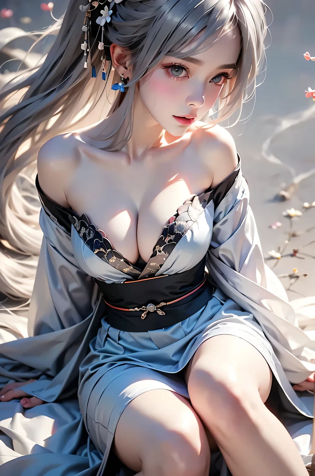 ((Above the knee images:1.3))super high quality, masterpiece, Perfect illustration, Very detailed (Exquisite light and shadow, Very dramatic photo,Backlight) , ((Gray Hair:1.5))1 girl,(( Alone:1.6)), (Wearing Hanfu, Black Hanfu,Monotony,Long sleeve、Gorgeous costumes、Highly decorated Hanfu) flower畑, flower, (white smoke:1.3) (Realistic:1.4), Zen Intertwining, [ "Intertwined, Official Art, unity 8k wallpaper, Very detailed, Beautiful and beautiful, masterpiece, Best Quality, (Dynamic Angle: 1.4), Glowing Skin, (Floating colorful flashes: 1) The most beautiful chaotic shapes, elegant, Brutalist Design, Bright colors, Romantic Depth of Field Exotic_dance, half_naked、Expose your shoulders、Ample breasts、Great Cleavage、Dynamic pose、Backlight,((From the back))
