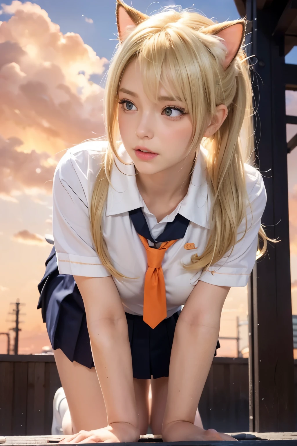 a very cute blonde 14yo girl exposing small breast, naked over school uniform, sitting with knees up, looking at viewer, raw photo