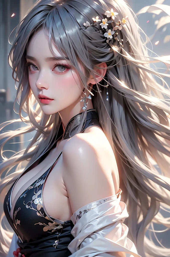 super high quality, masterpiece, Perfect illustration, Very detailed (Exquisite light and shadow, Very dramatic photo,Backlight) , ((Gray Hair:1.5))1 girl,(( Alone:1.6)), (Wearing Hanfu, Black Hanfu,Monotony,Long sleeve、Gorgeous costumes、Highly decorated Hanfu) flower畑, flower, (white smoke:1.3) (Realistic:1.4), Zen Intertwining, [ "Intertwined, Official Art, unity 8k wallpaper, Very detailed, Beautiful and beautiful, masterpiece, Best Quality, (Dynamic Angle: 1.4), Glowing Skin, (Floating colorful flashes: 1) The most beautiful chaotic shapes, elegant, Brutalist Design, Bright colors, Romantic Depth of Field Exotic_dance, half_naked、Expose your shoulders、Ample breasts、Great Cleavage、Dynamic pose、Backlight,((From the back))
