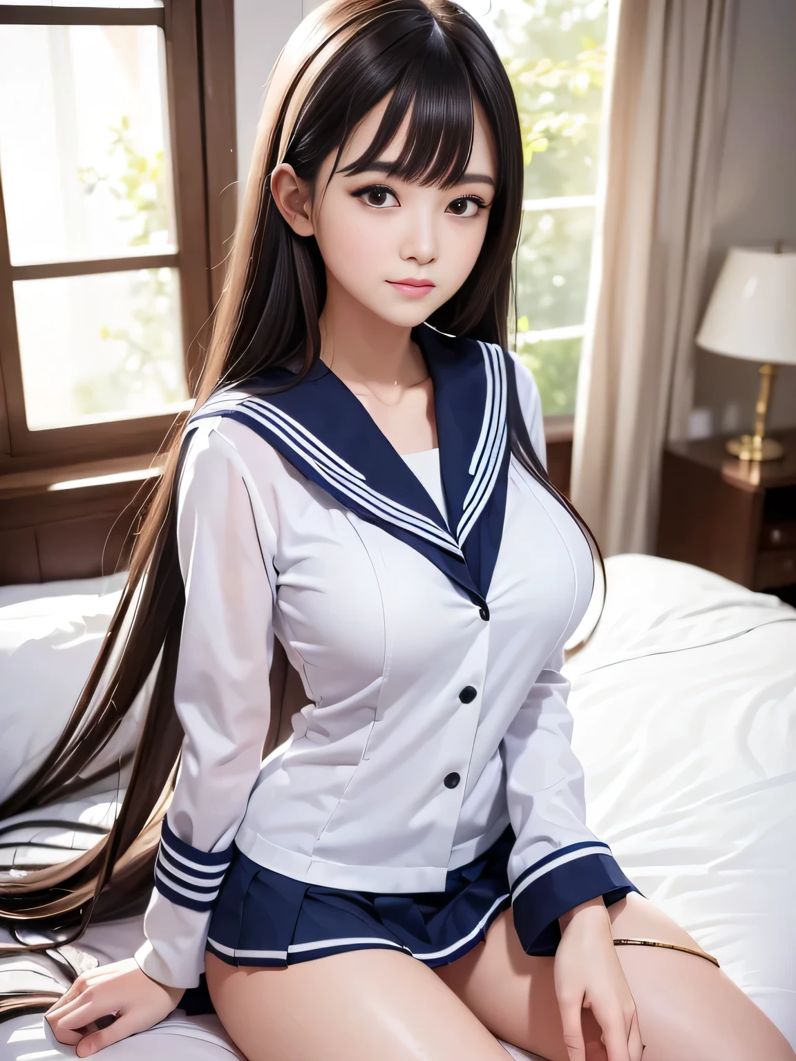High school girl, Pretty face, (White and navy sailor suit:1.5), Navy Pleated Skirt, Detailed black eyes, Double eyelids, Smooth Skin, Very long hair, Dark brown hair, Straight Bangs, A kind smile, Very large breasts:1.5, Smooth thighs, Soft Light, Bed room, Calm and peaceful atmosphere, eyeball, cowboy shot, UHD, masterpiece, accurate, anatomically correct, best quality, highres, 8k