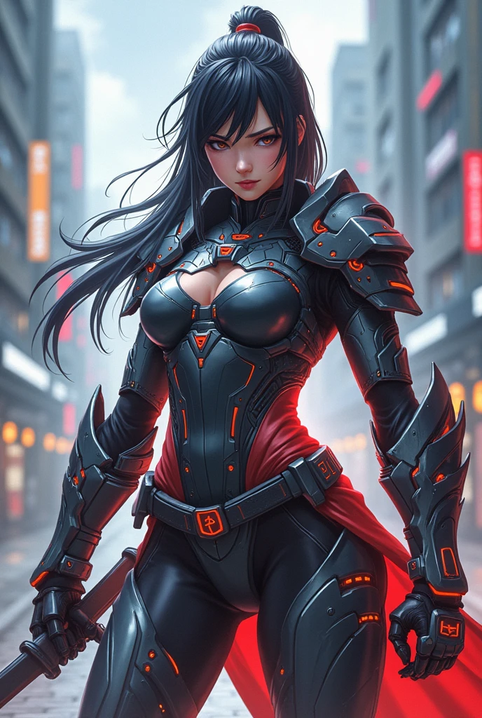 Woman in a futuristic suit, Very detailedな顔, Nice, Mother, Tomboy, Very large breasts, Combat Uniform, Cyber Suit, Anime girl in a tight suit, Milfication, Elegant body, Focus on the navel, gloves, Earrings, foot armor, sf, Female protagonist, Are standing, Volumetric Light, Detailed lighting, Detailed Texture, BoobsCyberpunk, Biomechanical , masterpiece, Top quality eyes, sfの背景, Futuristic landscape、Finding、Ultra-realistic, Ultra-realistic, Very detailed, (Cyber Samurai, ((alone)), attack with red sword, Wearing red armor and a mask, Cape, Shineing beautiful purple eyes, Shine:1.3) (Shineing simple black background:1.25),