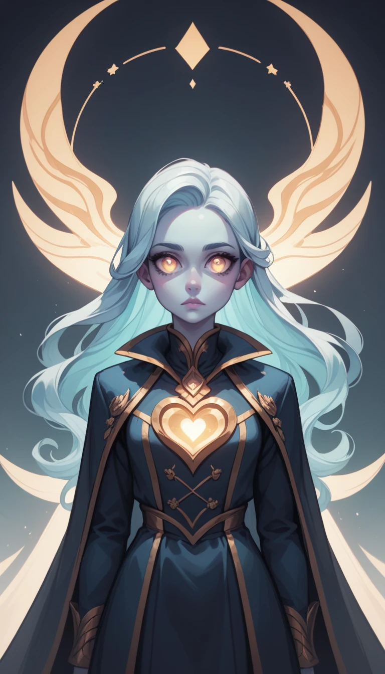 waist-length portrait, Best quality, masterpiece, contrasting light, best light and shadows, rich colors of the image, 2D illustration, empty background, front view, shimmering silver cloak made from stardust, female character, young character, ethereal physique, pale blue skin, glowing gold eyes, long flowing silver hair, calm expression, heart-shaped face, round eyes, small nose, small ears.