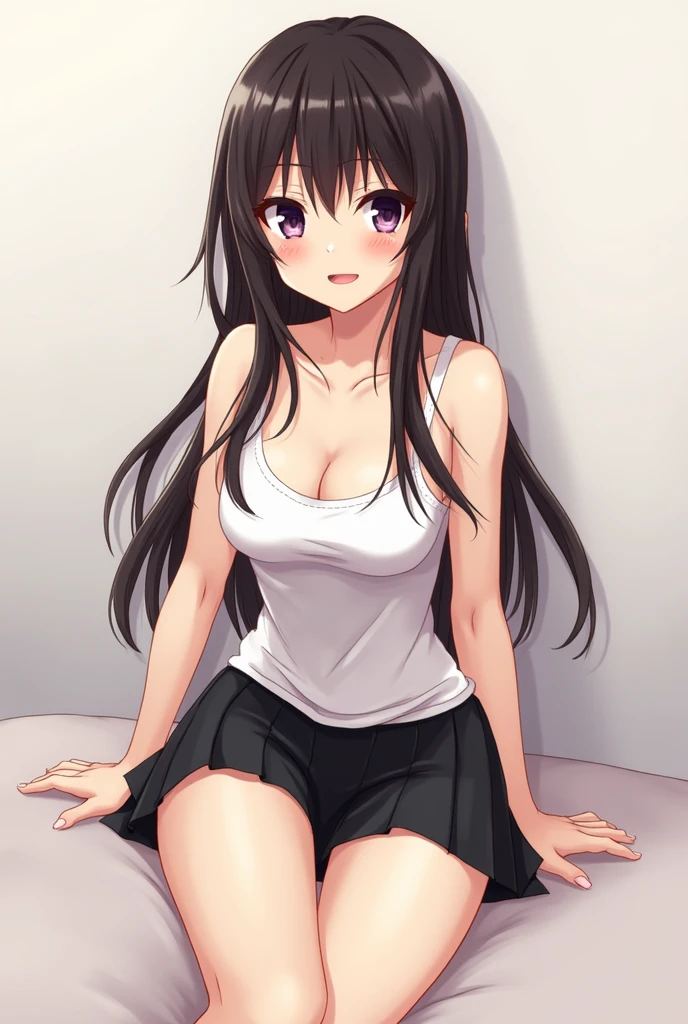 masutepiece), Best Quality, Expressive eyes, Perfect face, very long straight black hair, longshot, Tifa,Tifa Lockhart, Tifa_lockhart (Red eyes) (Photorealistic), (make - up:1.2), (fitness), (Detailed skin), 4K, Highly detailed, ultra-detailliert, detaileds, Detailed beautiful skin, Detailed beautiful face, Detailed skin texture, detailed hairs, Detailed eyes, Thin figure, thin waist, slim, Defined abdomen perfect face, Cute face, Cheeky smile, ((Suspender Black Skirt), Black Elbow Gloves,White taut shirt、Thigh、ripped clothing、white tank tops、white panties)、(((middlebreast:1.2、Natural breasts、droopy chest、teats、large areola、Beautiful areola、nudde、toppless)))