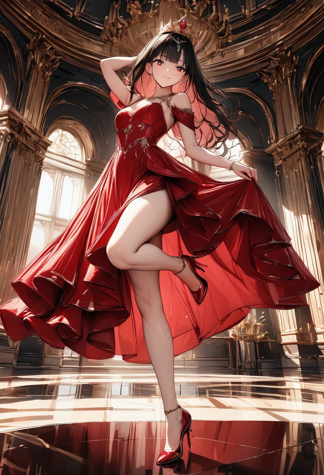 multiple exposure, fantasic illustration, masterpiece:1.2, highest quality, highres, 16k, beautiful detailed, ultra-realistic, photo realistic:1.37, beautiful and cute girl, dancing flamenco, holding a single rose in her mouth, growing glay eyes, shining pupils, blushed cheek, shiny rosy lips, beautiful delicate(hair, face, eyes, pupils, flamenco dress), full-body view