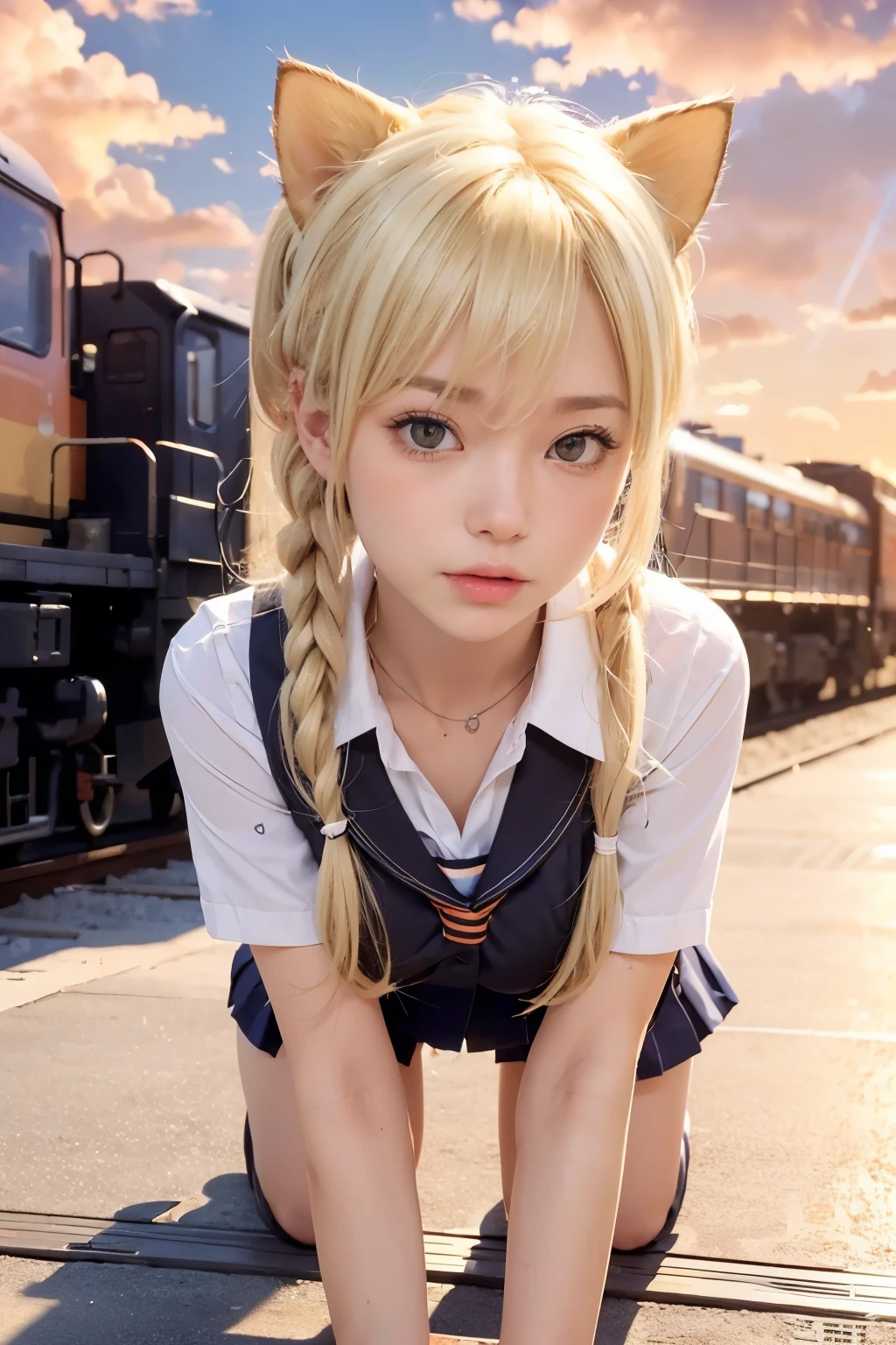 masterpiece, highest quality, 1 girl, alone, terrifying_ticker,(((((school uniform))))), red choker, blonde hair,crawl on all fours, closed mouth, very long hair,huge , outdoors,