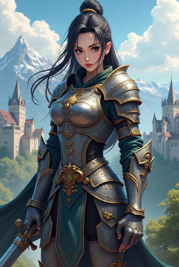 (woman in simple armor), (medium height), dark skin, curly black hair, vibrant blue eyes, small simple humble village setting, bright colors, anime style, RPG