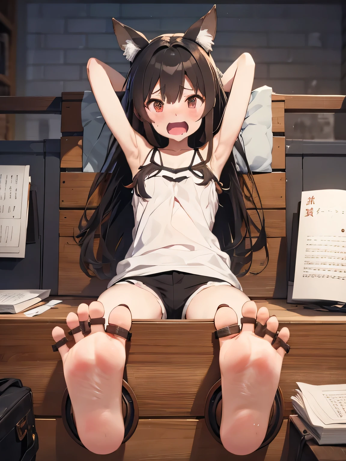 Small animal ears　barefoot　Long Hair　Brown Hair　cry　Small breasts　Black short pants　whole body　Open your mouth　High resolution　White camisole　run away　Torn clothes　Tied up with rope　Jail　Lock　Being punished