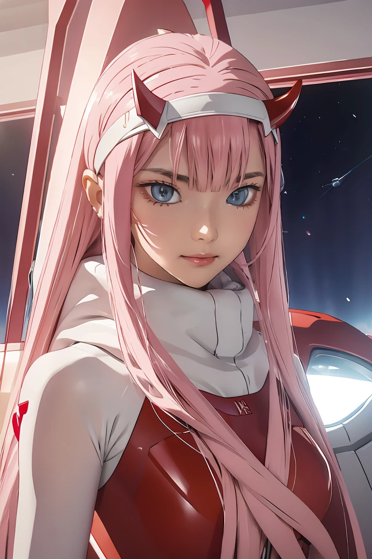 dynamic angle,ultra-detailed, illustration, straight on, 1girl, ((Zero two, interface headband with a pair of horns, red bodysuit:1.4, pink hair)), Her eyes shone like dreamy stars,(glowing eyes:1.233),(beautiful and detailed eyes:1.1),(expressionless, closed mouth),(standing), (mechanic room with tools and spaceship window in a white SPACESHIP), (night:1.2), dreamy, [[delicate fingers and hands:0.55]::0.85],(detail fingers), smirk,