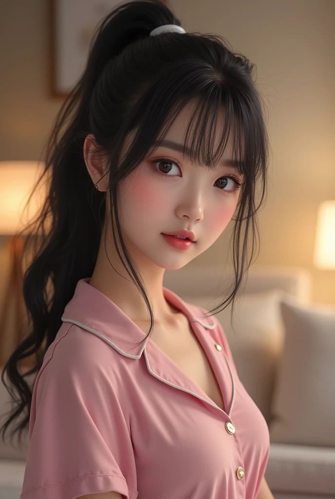 ((highest quality)), ((masterpiece)), (detailed),Vivid、Photorealistic、On the pink bed、cute、beautiful girl、Japanese、16 years old、Long Hair、Hair tied in a ponytail、underwear、camisole、Navy blue pleated skirt、Lying on your back、Climax face