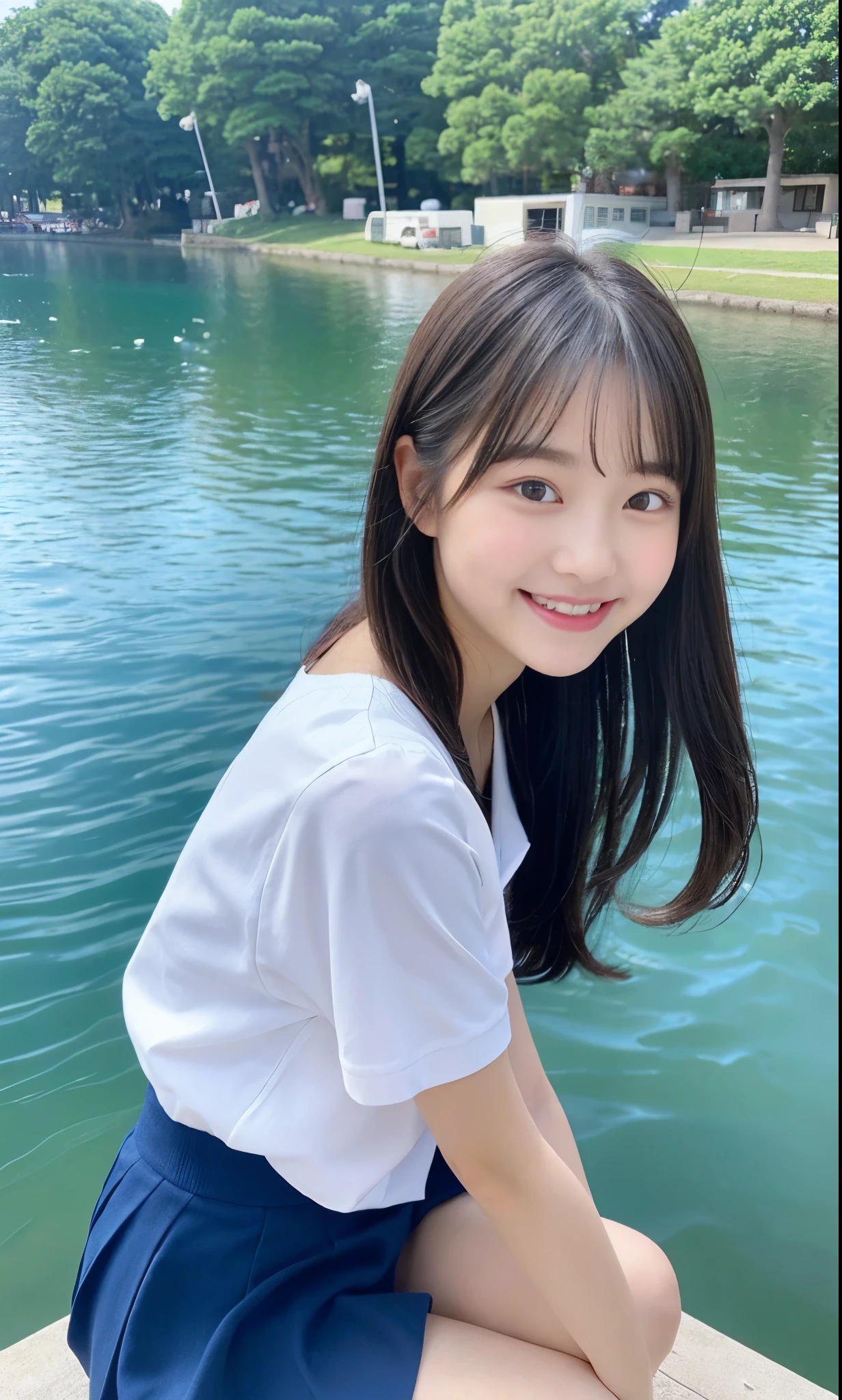 1 girl, solo, long hair, looking at viewer, smile, wearing oversized hoodie, outdoors, night, black eyes, small breasts, swimming pool, bikini bottom only, sit on the edge of the pool, hugging her legs, from side, wet hair from swimming, shy smile with teeth, extremely detailed eyes and face, highly detailed, 16k, ultra-detailed, high resolution, photorealistic, sharp focus, physically-based rendering, vivid colors, night pool, from the side, lazy river, 