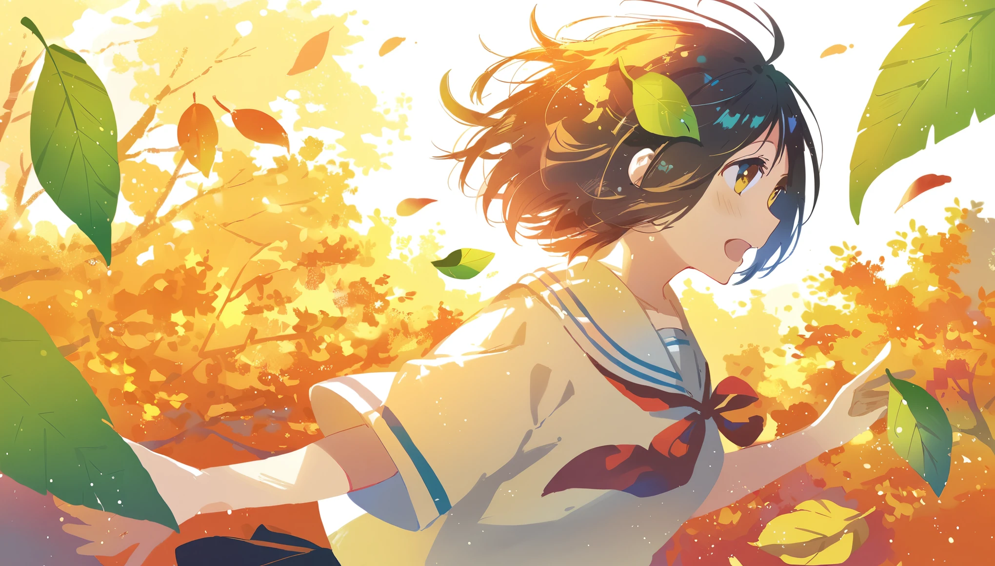 score_9, score_8_up, score_7_up, score_6_up, score_5_up, one girl surrounded by leaves floating around her, sunny, beautiful, warm colors, amazing art, masterpiece, best quality, 4K resolution, perfect lighting, perfect colors, perfect perspective, balanced composition,High quality, cinematic, dramatic, vibrant colors, dynamic, intricate, detailed, by makoto shinkai,
